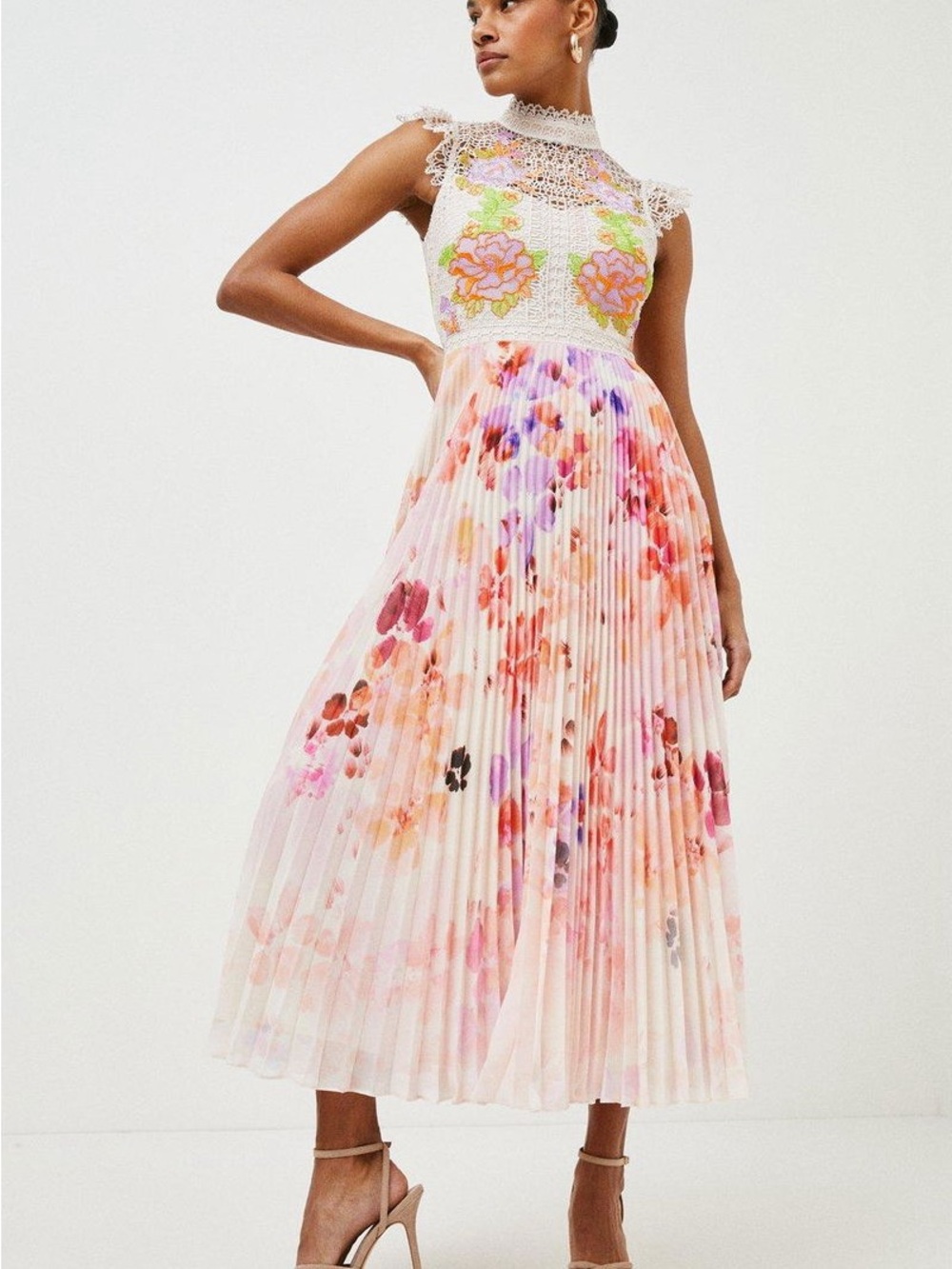 Guipure Lace Floral Woven Pleat Dress